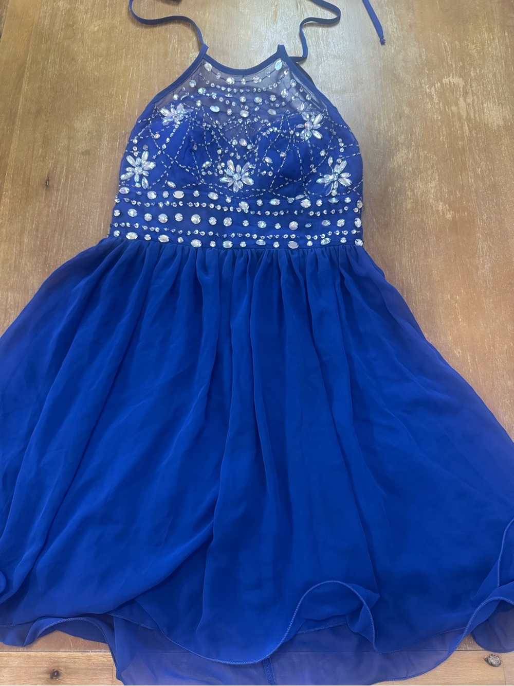 B Darlin Royal Blue Halter Dress with Rhinestone Floral Bodice